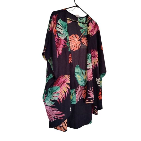 I Joah Black Tropical Open Front Short Sleeve Swim Kimono Cover Up Large NEW - Picture 7 of 12